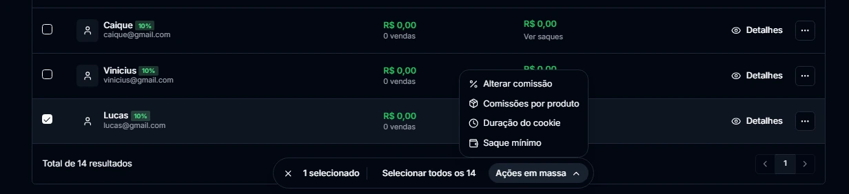Lista de afiliados com vários selecionados e o menu de ações em massa aberto, mostrando alterar comissão, comissões por produto, duração do cookie e saque mínimo