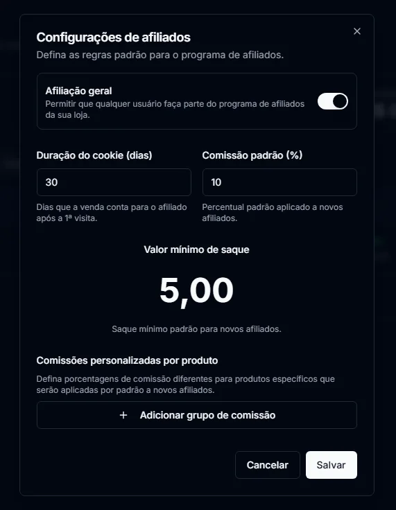 Configurações de afiliados com afiliação geral ativada, duração do cookie, comissão padrão e valor mínimo de saque