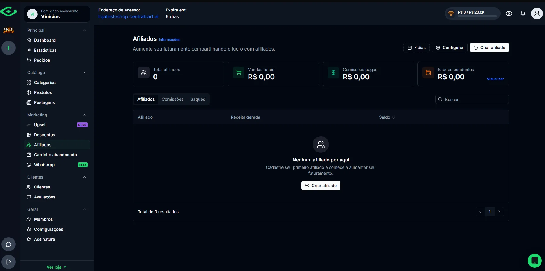 Painel de afiliados da CentralCart com o resumo de afiliados, vendas e comissões