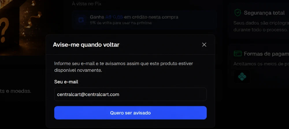 Modal Avise-me quando voltar, com o campo de e-mail e o botão Quero ser avisado