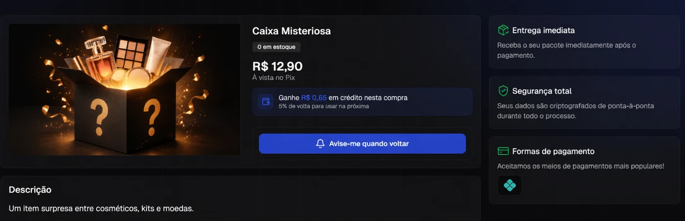 Página de produto com o estoque zerado e o botão Avise-me quando voltar no lugar do botão de compra