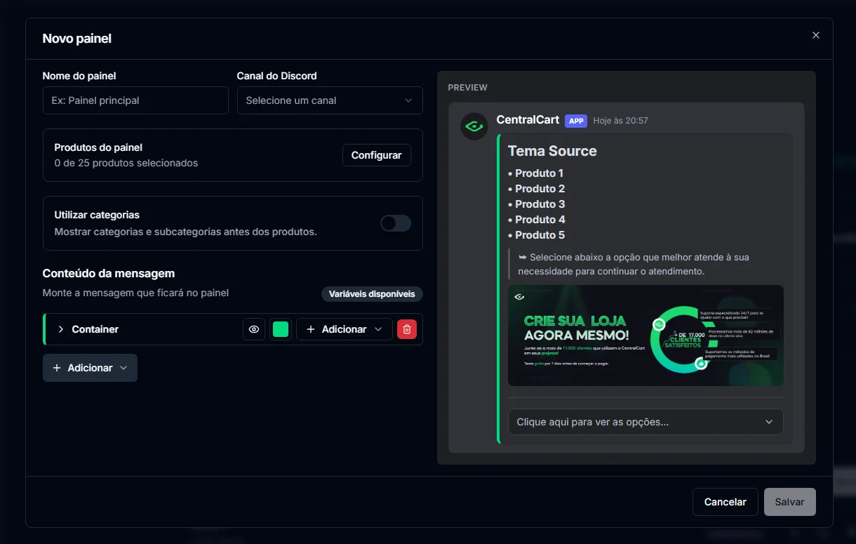 Tela de criação de painel do bot, com nome, canal do Discord, seleção de produtos e preview da mensagem