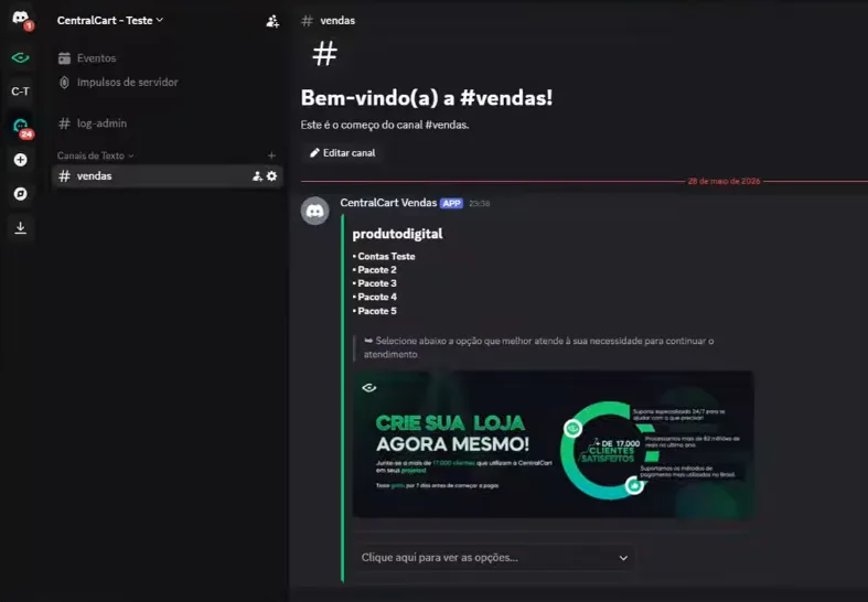 Painel de vendas publicado em um canal do Discord, com a lista de pacotes e o menu para escolher