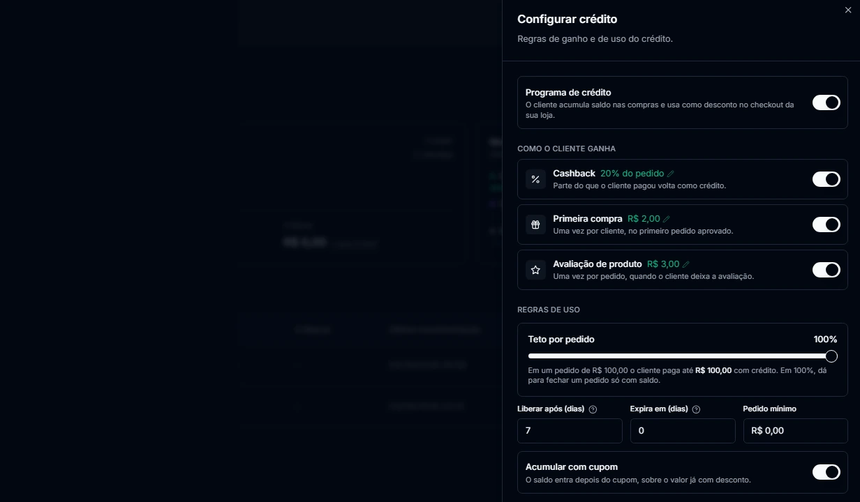 Configuração do crédito, com as regras de ganho por cashback, primeira compra e avaliação, e as regras de uso do saldo