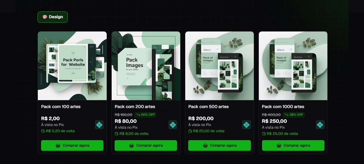 Vitrine da loja com quatro produtos, cada um mostrando o valor de crédito que volta na compra abaixo do preço