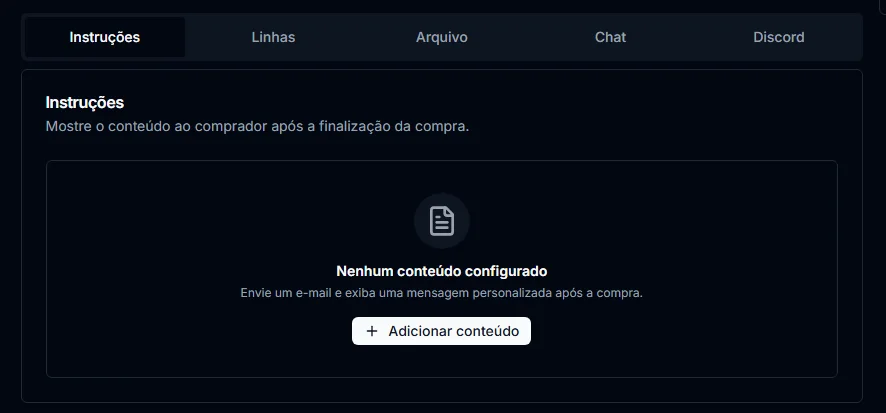 Abas de entrega automática do produto: Instruções, Linhas, Arquivo, Chat e Discord