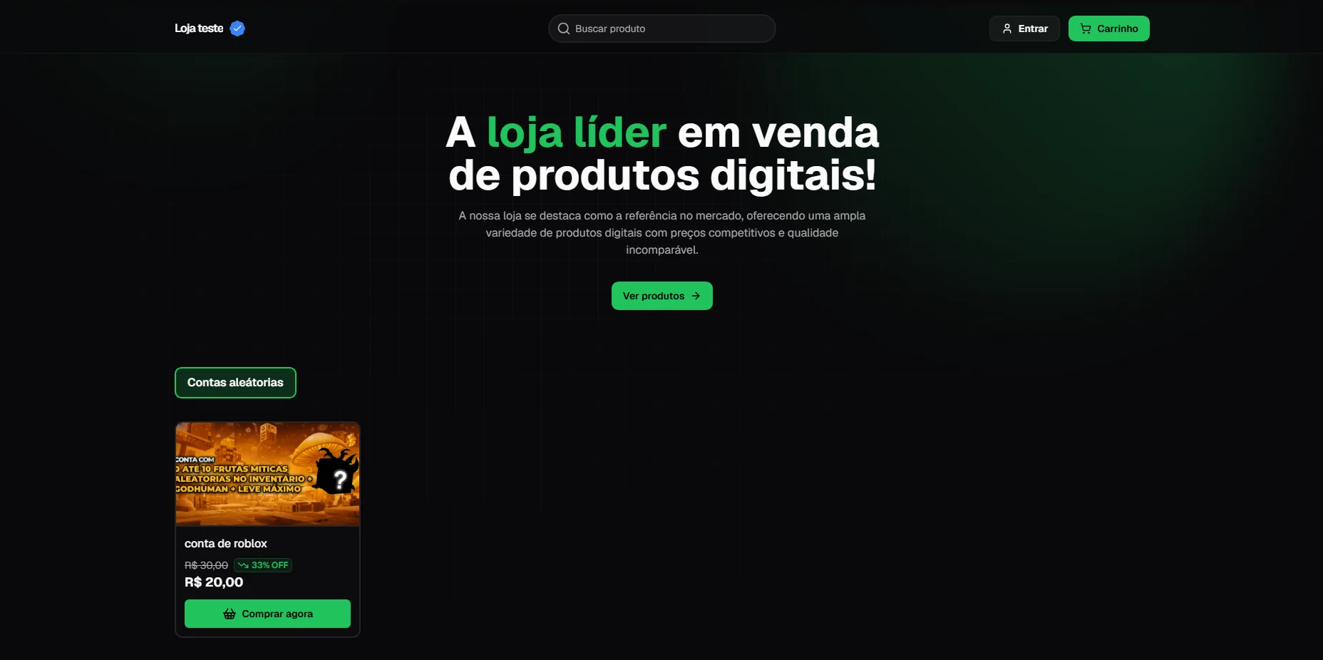 Loja de produtos digitais publicada, com banner, categoria e card de produto