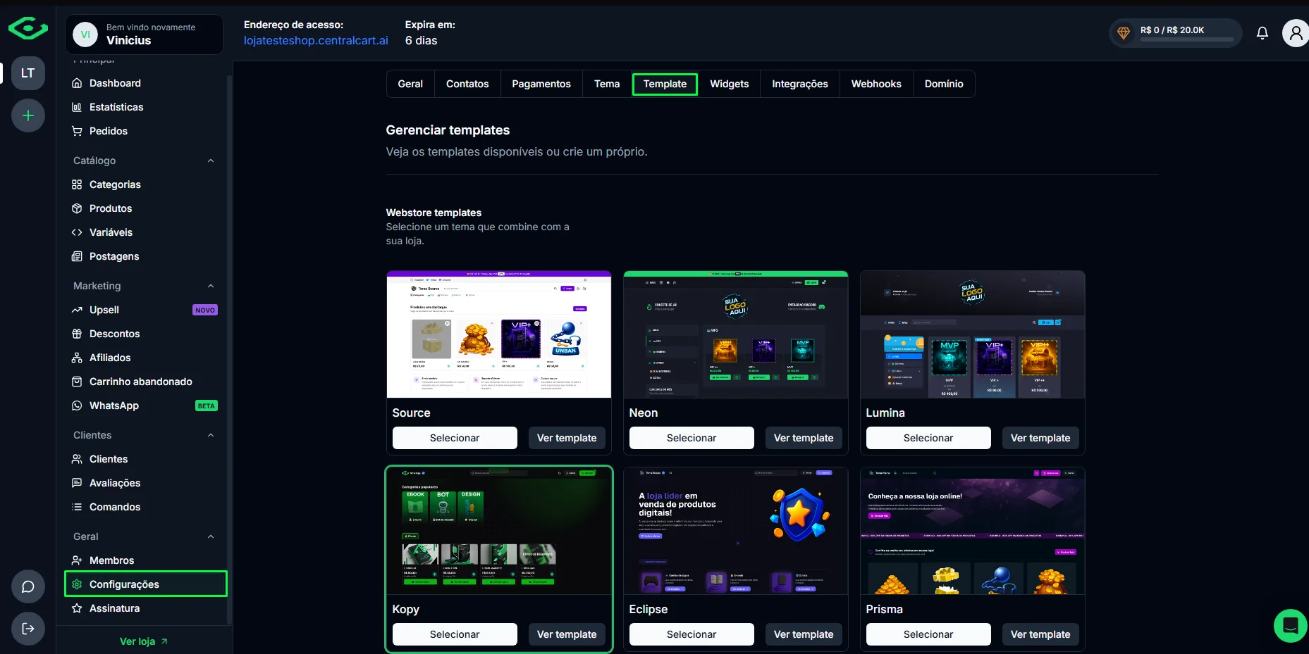 Galeria de templates prontos da CentralCart, com opções como Source, Neon, Lumina, Kopy, Eclipse e Prisma