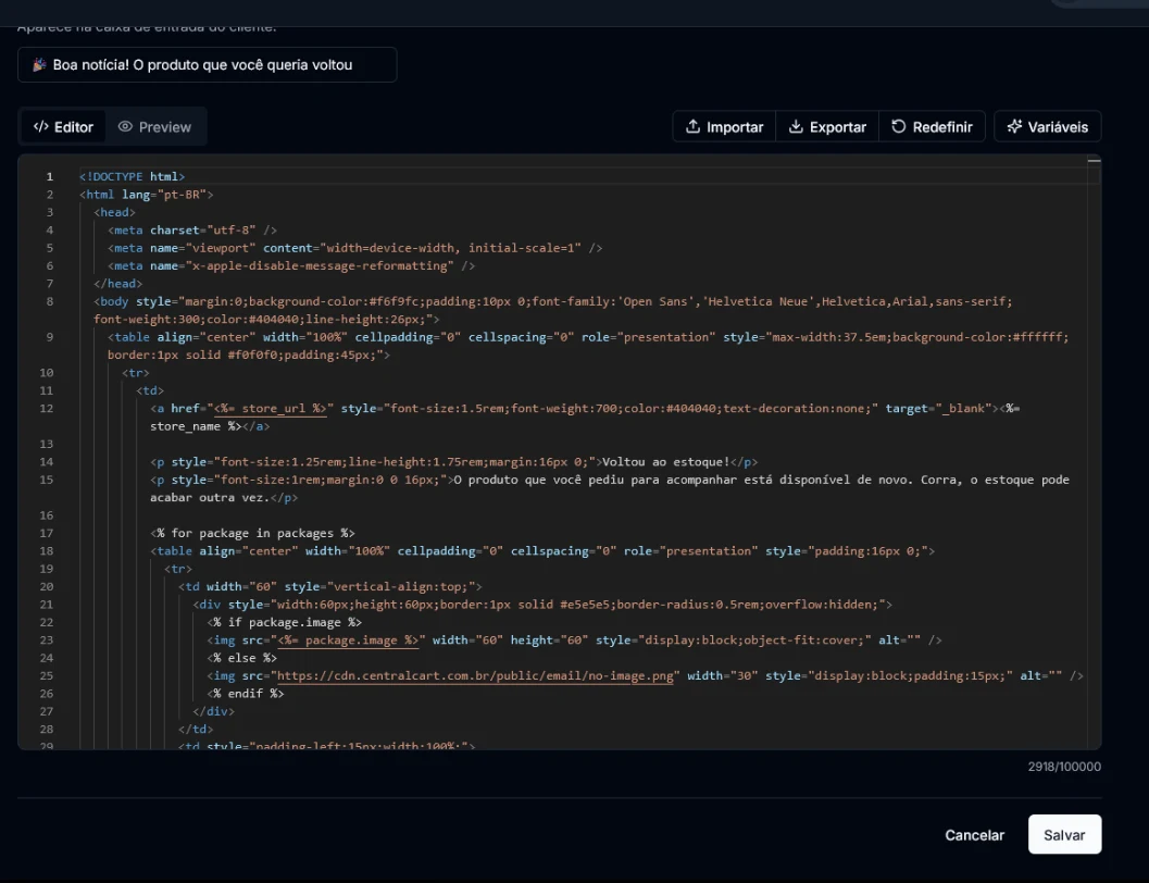 Editor do e-mail de volta ao estoque no painel da CentralCart, com as abas Editor e Preview