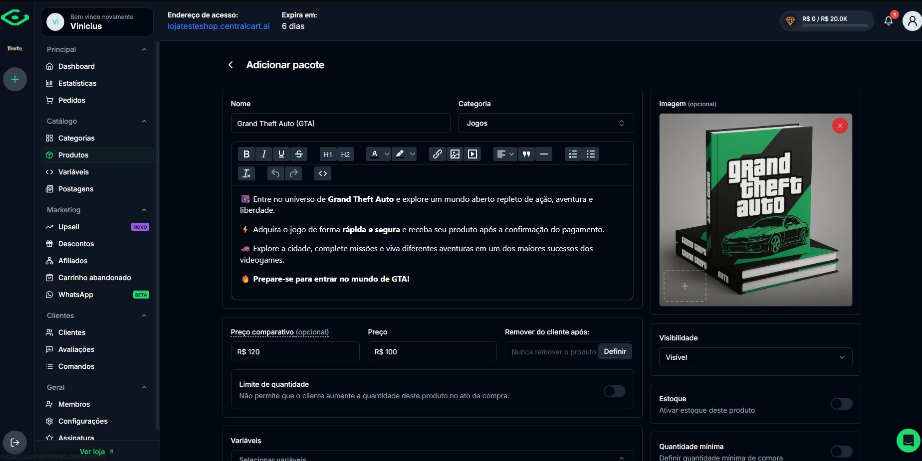 Cadastro de um jogo na CentralCart, com nome Grand Theft Auto, categoria Jogos, descrição e preço comparativo