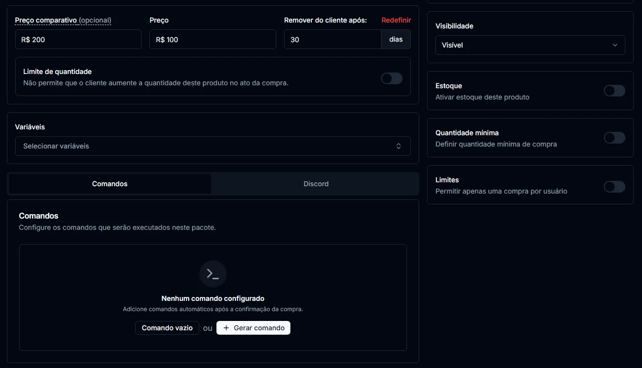 Aba Comandos do produto, com as opções de comando vazio ou gerar comando