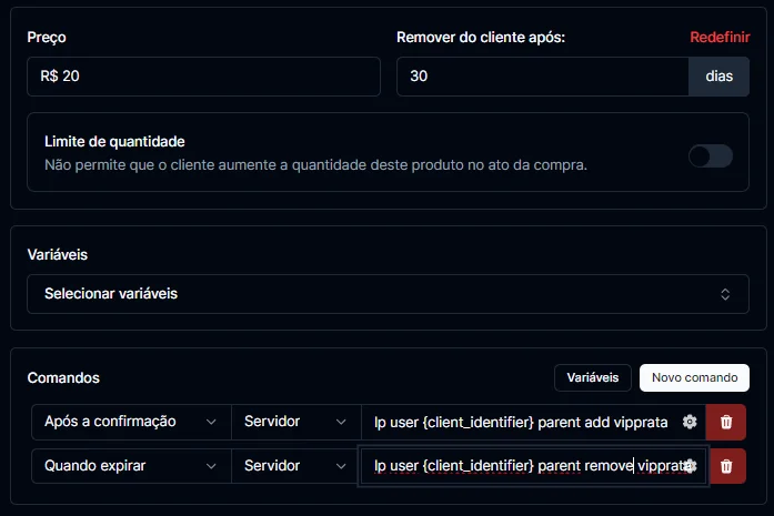 Comandos configurados no produto, com LuckPerms adicionando e removendo o rank