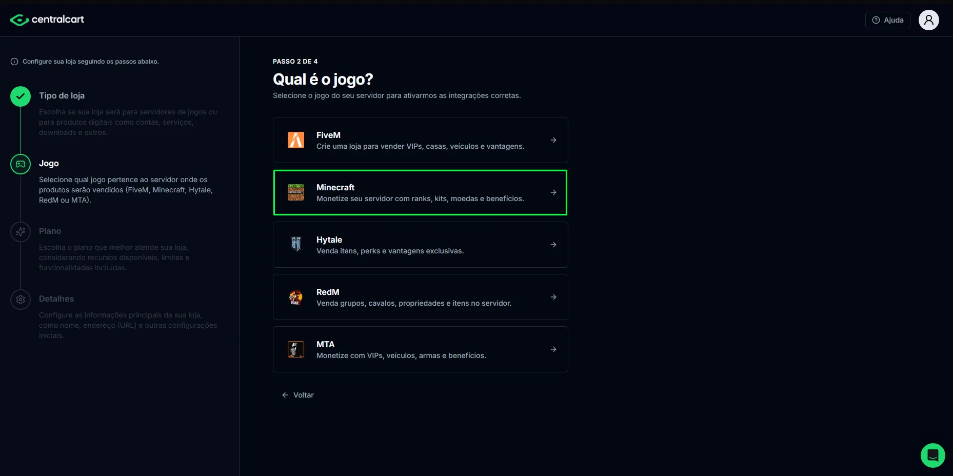Seleção do jogo na criação da loja, com Minecraft selecionado