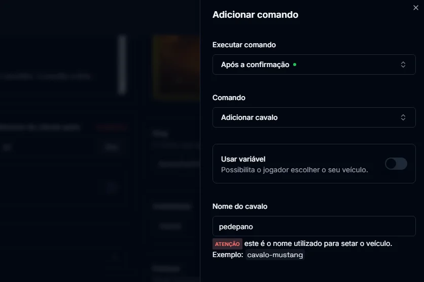 Painel de adicionar comando com a ação Adicionar cavalo e o campo Nome do cavalo