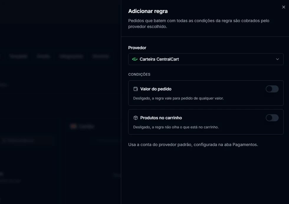 Modal Adicionar regra, com a escolha do provedor e as condições de valor do pedido e produtos no carrinho