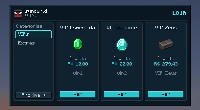 Menu da loja dentro do Minecraft, com a lista de categorias à esquerda e os cards de VIP Esmeralda, VIP Diamante e VIP Zeus