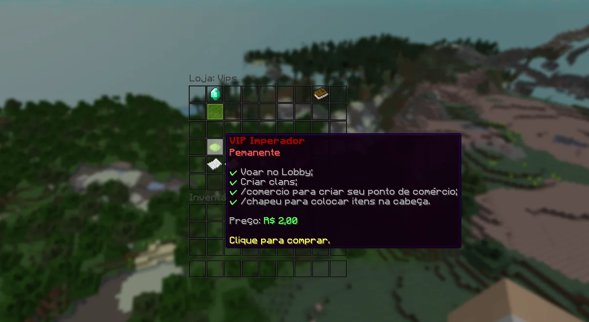 Menu de loja dentro do Minecraft, com produtos em slots do inventário e a descrição do VIP com vantagens e preço