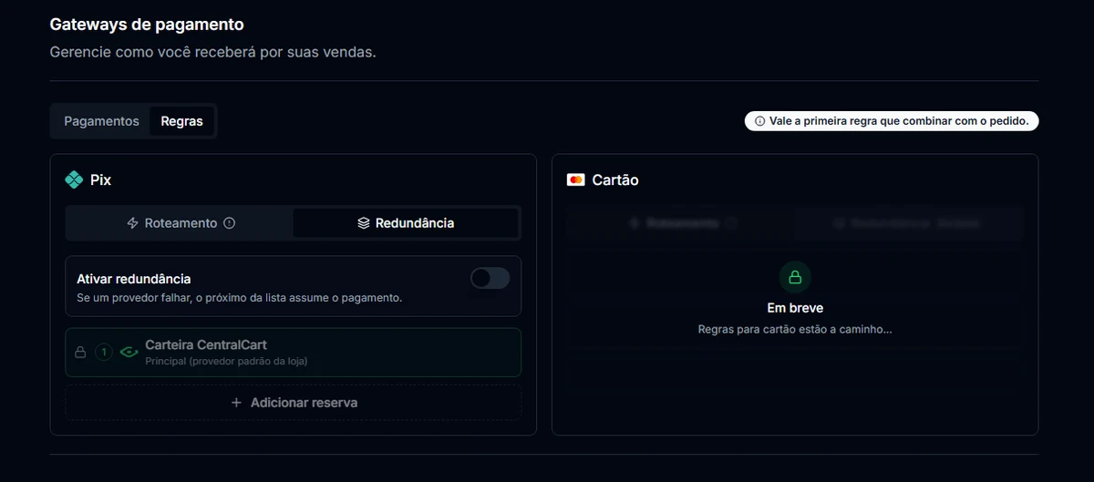 Aba Regras dos gateways de pagamento, com a redundância do Pix e a Carteira CentralCart como provedor principal