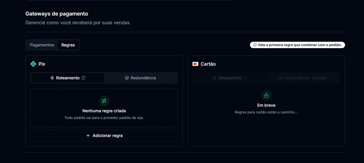 Aba Regras com o roteamento do Pix e o botão Adicionar regra