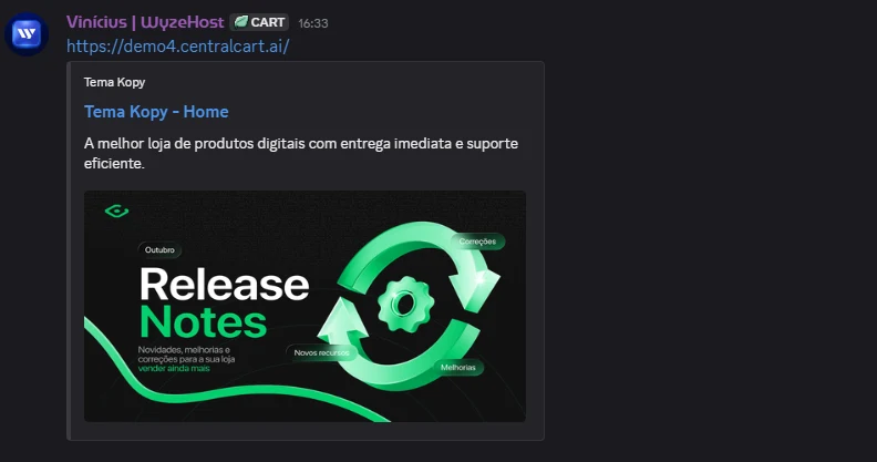Prévia do link de uma loja no Discord, com nome, descrição e a imagem de compartilhamento