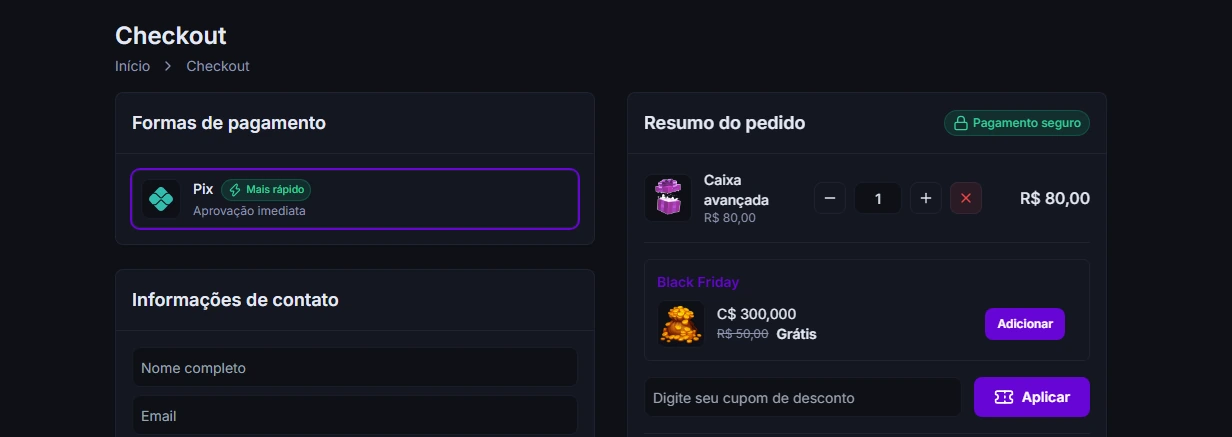 Checkout mostrando a recompensa da promoção Black Friday, com o preço original riscado, a palavra grátis e o botão adicionar