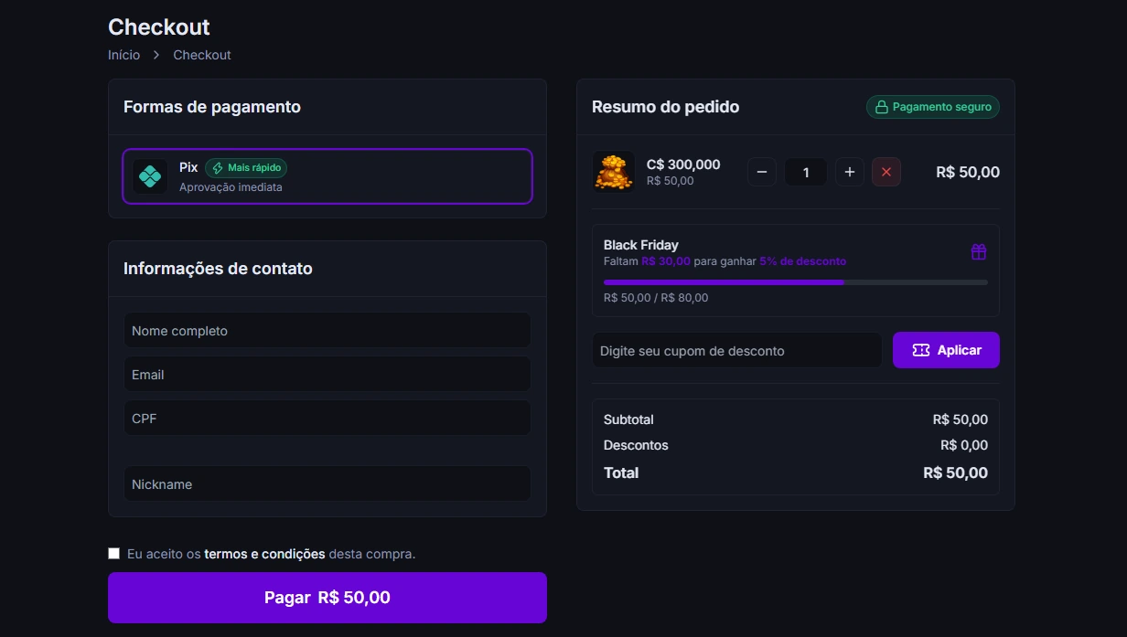Checkout com a barra da promoção Black Friday avisando que faltam R$ 30,00 para ganhar 5% de desconto