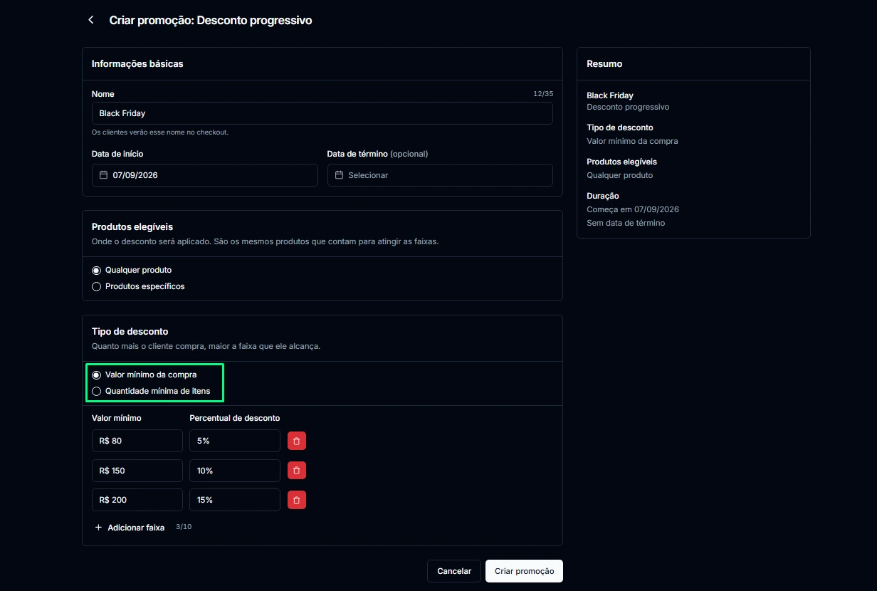 Configuração do desconto progressivo, com três faixas: R$ 80 dá 5%, R$ 150 dá 10% e R$ 200 dá 15%