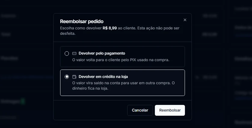Modal de reembolso com as opções de devolver pelo pagamento ou devolver em crédito na loja