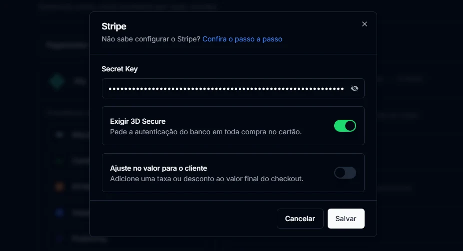 Configuração da Stripe no painel da CentralCart, com a chave Exigir 3D Secure ligada