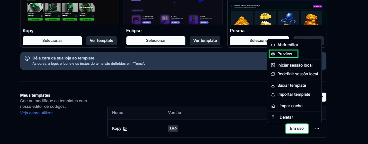 Menu do template no painel da CentralCart, com a opção Preview em destaque