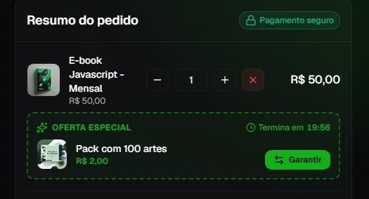Resumo do pedido no checkout com a oferta especial de upsell e o contador regressivo
